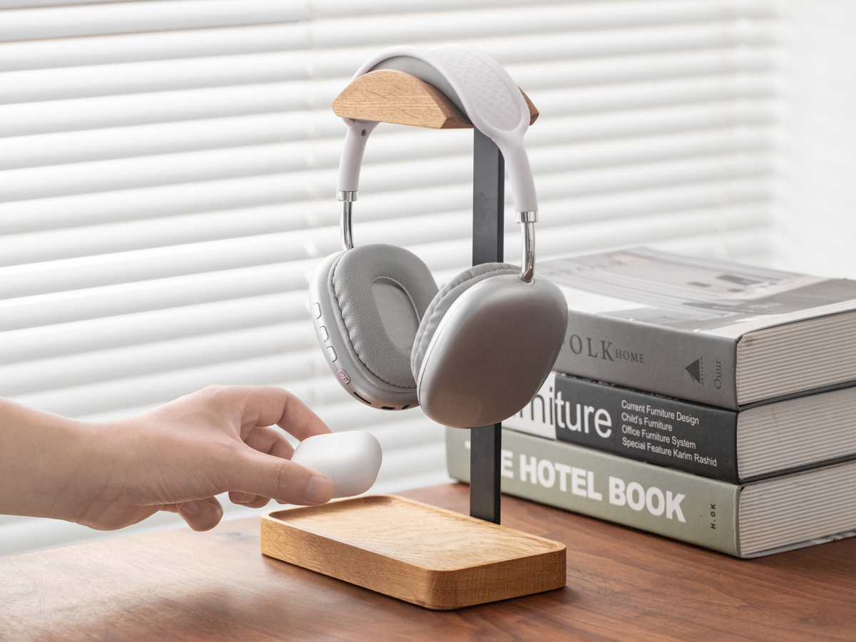 Support pour Casque Audio en Bois avec Plateau de Rangement