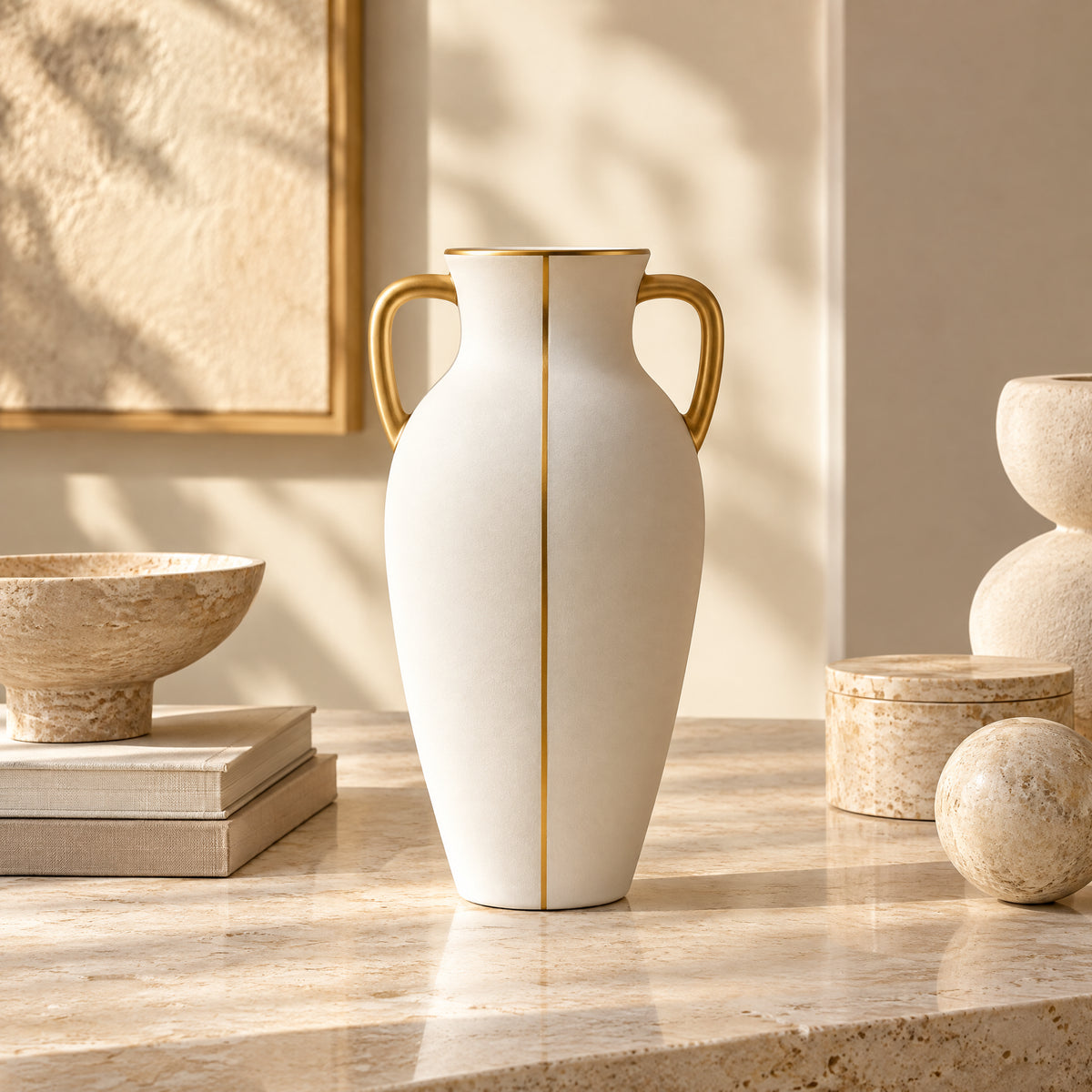 Palm Gold - White Ceramic Vase with Gold Accent