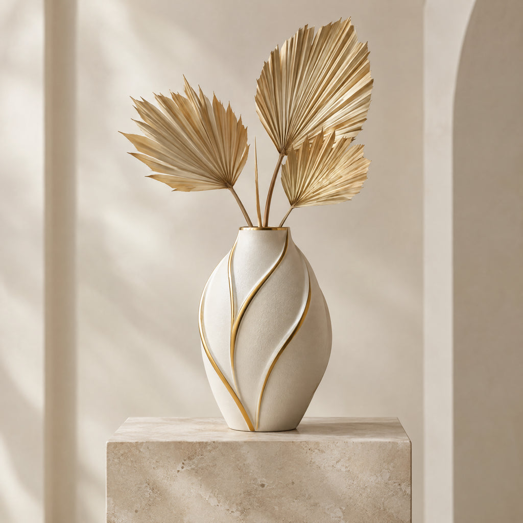 Palm Gold - White Ceramic Vase with Gold Accent
