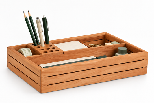 Organisateur de Bureau en Bois de Cerisier Massif avec Porte-Stylos
