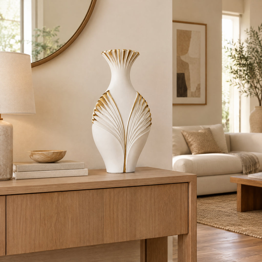 Palm Gold - White Ceramic Vase with Gold Accent
