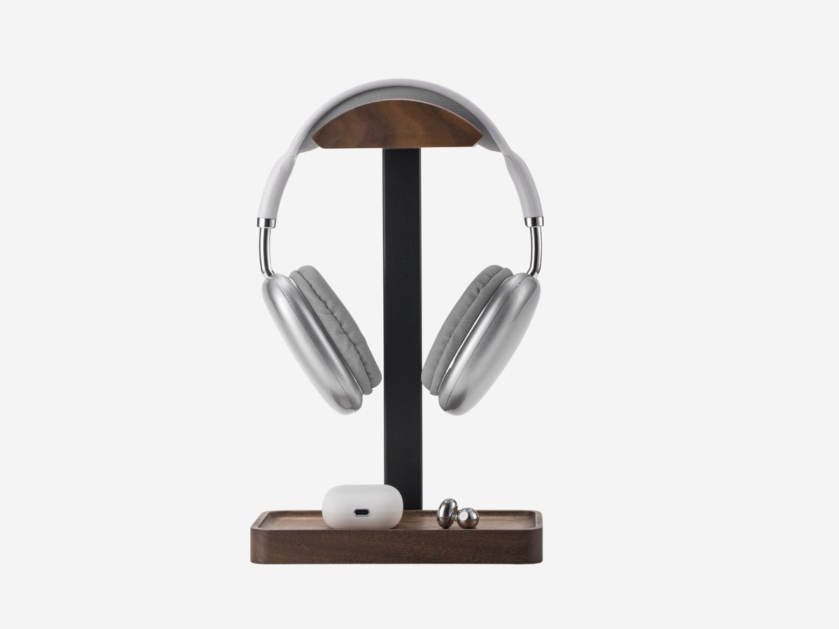 Support pour Casque Audio en Bois avec Plateau de Rangement